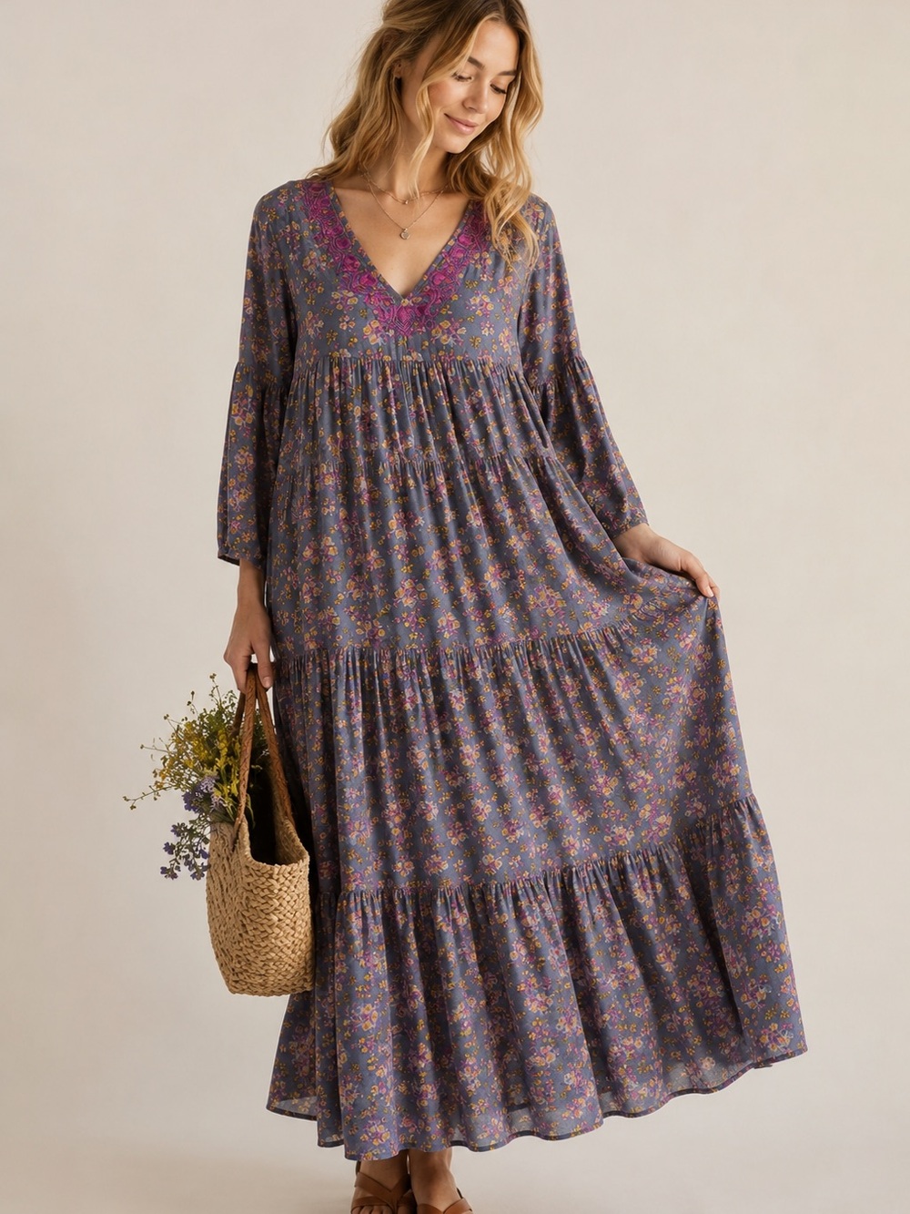 Natural Life Embroidered Floral Midi Dress | Boho Cottagecore Prairie Dress
